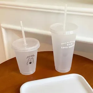 Reusable frosted plastic straw cups with cute bear design and sweet drinks slogans