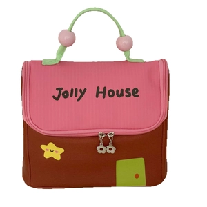 Insulated house-shaped lunch bag for kids with pink lid and green handle