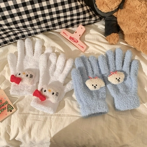 Cartoon coral fleece gloves in white and blue featuring cute cat and dog embroidery