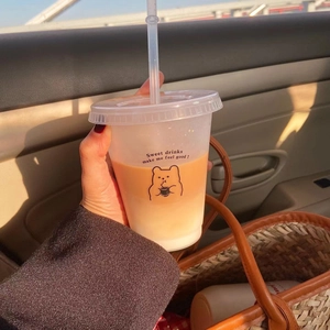 Minimalist plastic cold drink cup with straw and cute cartoon puppy pattern design