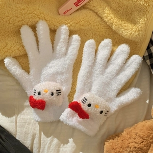 Close-up of white plush gloves featuring a 3D cartoon cat with a red bow decoration