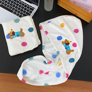 Microfiber hair towel wrap and washcloth set with colorful polka dots and dog embroidery