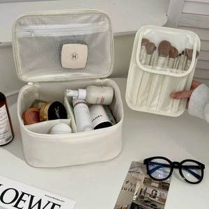 Large cream makeup bag set with waterproof compartments and separate brush organizer
