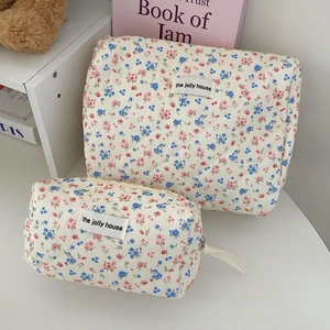 Floral quilted corduroy makeup bag set with large tote and pouch in milk white