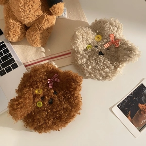 Cute plush bear hot water bottle with bow tie and fluffy lamb wool texture