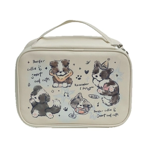Creamy white Border Collie printed makeup bag with top handle and zipper closure