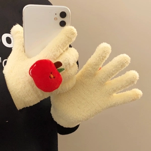Cream white plush gloves with cute red apple patch for outdoor winter warmth