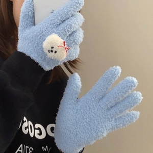 Sky blue coral fleece winter gloves with cute puppy embroidery and warm thermal lining