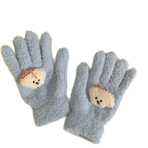 Cute light blue coral fleece gloves for women featuring white puppy patch and bow decor