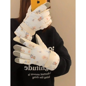 Winter waterproof fleece gloves with bear pattern and touchscreen fingers for skiing