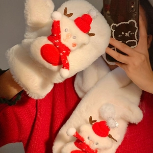 Cute white plush Christmas scarf with 3D snowman mascot and warm red knit hat details
