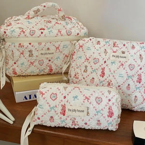 Quilted Cotton Cosmetic Bag Cute Cartoon Print Makeup Organizer Zippered Travel Wash Pouch Portable Storage For Women Girls