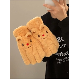 Cute plush bear fingerless flip top gloves in light camel for autumn and winter warmth