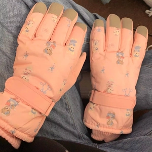 Pink winter ski gloves with cute bear prints, touchscreen tips, and adjustable wrist strap