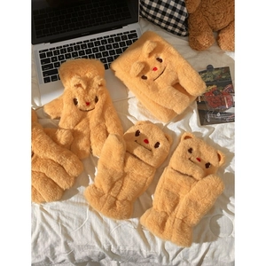 Plush orange bear-themed winter mittens and earmuffs set with cute embroidery details