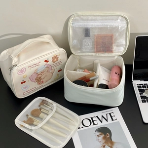 Three-piece large capacity makeup bag set with cute bear print and portable handle