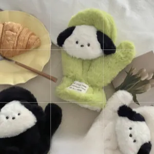 Detailed close-up of thick plush winter gloves with cute Pochacco cartoon characters