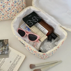 Floral corduroy makeup bag with large capacity and zipper closure for travel storage