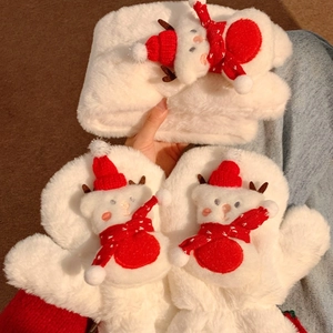 Detail of plush white Christmas scarf with 3D snowman doll and matching warm mittens