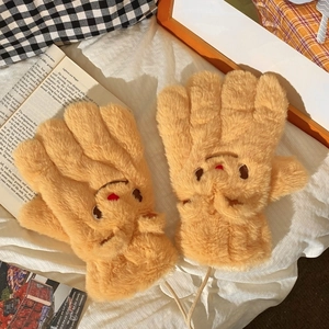 Close-up of yellow plush mittens featuring an embroidered smile and anti-lost neck strap