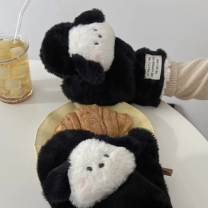 Winter plush cartoon puppy gloves in black and white with warm thick faux fur texture