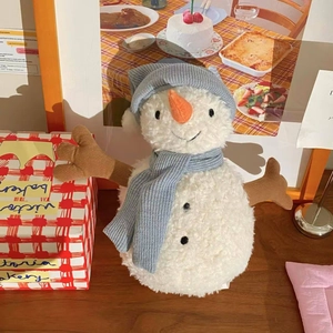 Detailed close-up of plush snowman doll with blue knit hat and fluffy white texture