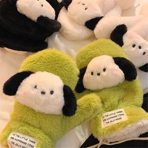 Winter cartoon plush green dog mittens with warm thermal lining and neck strap design