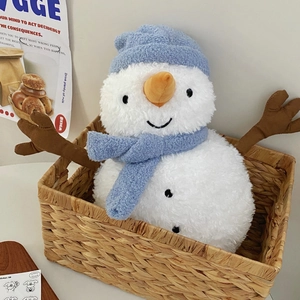 Detail of cute snowman plush hot water bottle with soft white fur and blue knitted scarf