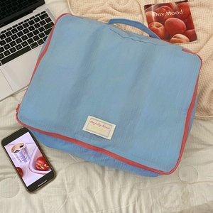 Detail of blue waterproof nylon organizer bag with pink zipper and top handle