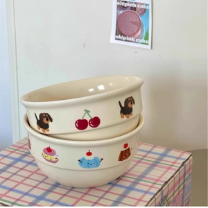 Cute ceramic cream bowls with hand-painted cartoon dachshund and dessert illustrations