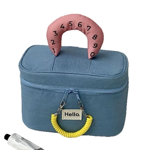 Blue box-style vanity case with pink number handle and yellow spiral zipper pull