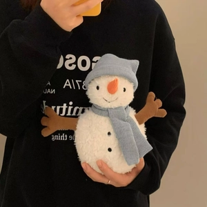 Cute snowman plush toy with blue knit hat and scarf, cozy Christmas home decoration