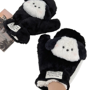 Winter cartoon puppy plush gloves in black and white with warm fleece lining