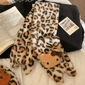 Detailed view of the soft leopard print plush scarf with a cute cartoon cat mascot