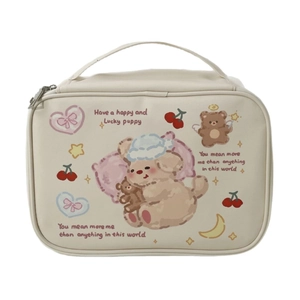 Portable large capacity makeup organizer bag with cute cartoon bear and dog illustrations