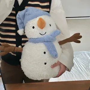 Close-up of a soft plush snowman hot water bottle with blue hat and scarf detail