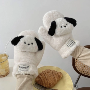Gants d'hiver en peluche chiot dessin animé avec fourrure thermique épaisse pour femmes