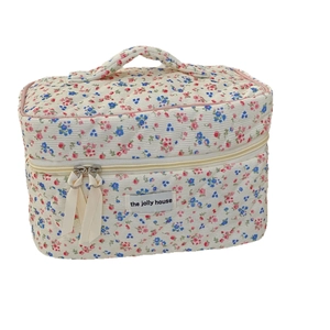 Floral corduroy quilted makeup bag with handle and ribbon zipper for travel storage