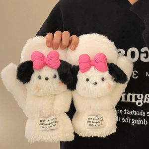 Close-up of white plush mittens with cartoon dog design and pink 3D bow details