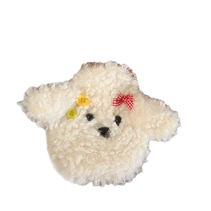 Cute white plush puppy hot water bottle with sherpa fur and a red plaid bow