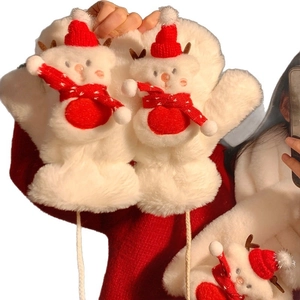 Plush white Christmas snowman scarf and gloves set with thick faux rabbit fur