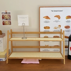 Double-tier cream rattan desktop organizer shelf for kitchen and bedroom storage