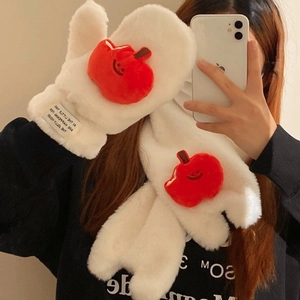 Winter plush scarf and mitten set with red apple embroidery and soft white faux fur material