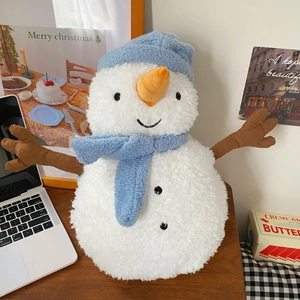 Detail view of snowman plush cover with blue knit hat and scarf on wooden desk