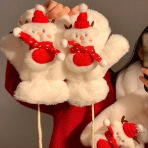 Plush Christmas snowman mittens with red hat and hanging string for winter warmth