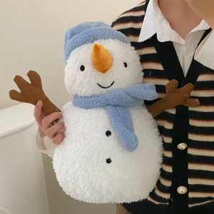 Cute snowman rechargeable electric hot water bottle with soft white plush and blue scarf