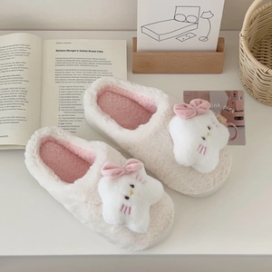 Cozy cream plush slippers with cartoon star plushies and pink bows for winter home wear