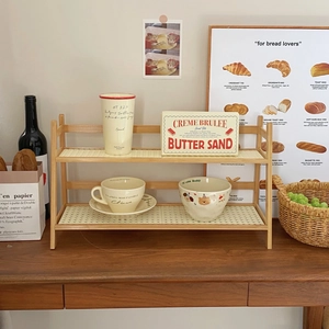 2-tier cream rattan desk shelf organizer made of solid wood for office and kitchen use