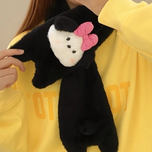 Detailed plush texture of black dog scarf with pink bow and cartoon embroidery detail