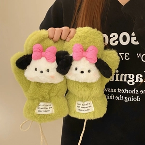 Detail of plush green mittens with a cartoon puppy head and pink bow accent
